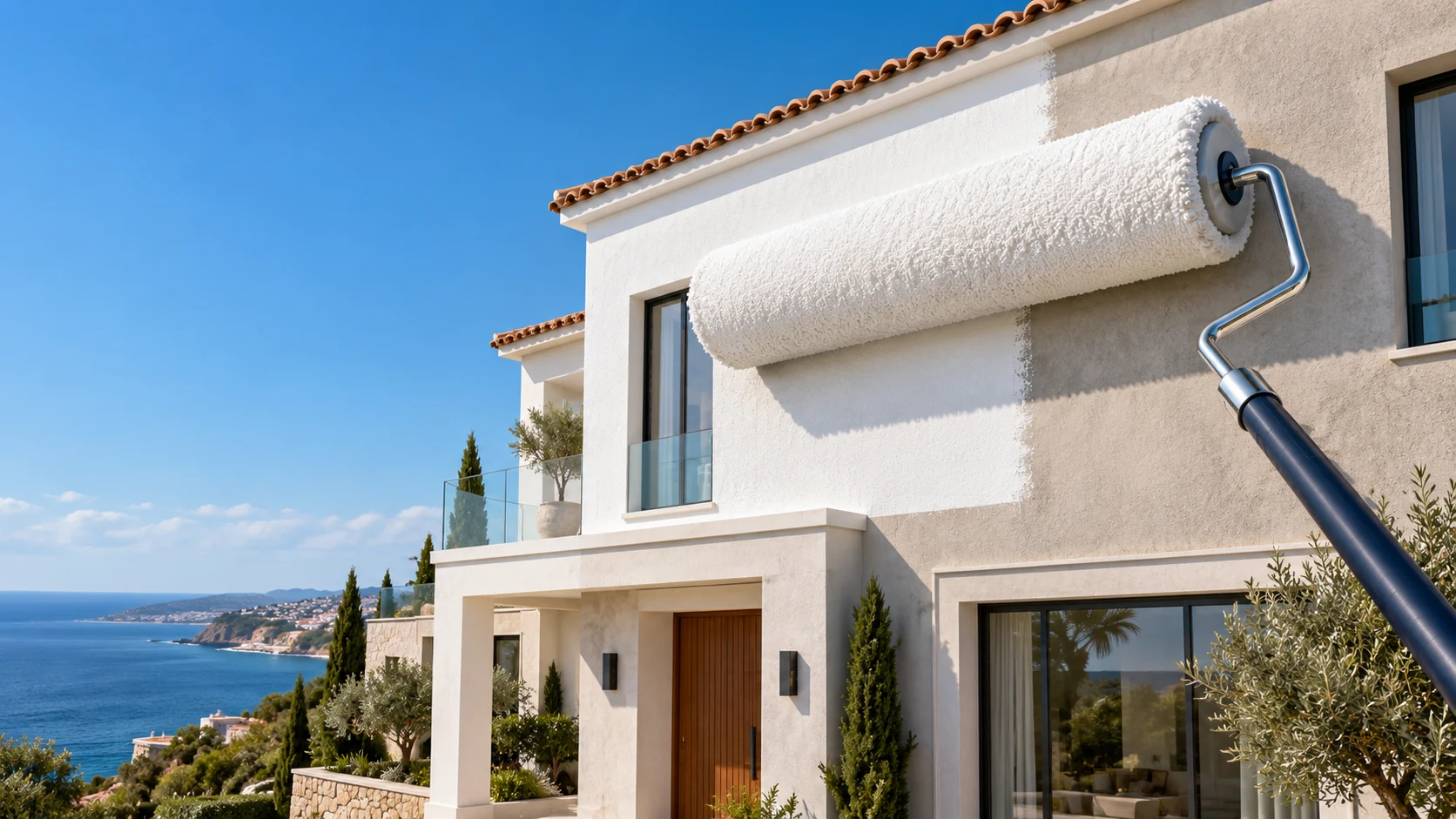 A monumental paint roller transforming a Mediterranean villa facade