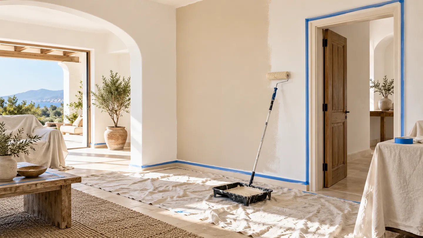 AI illustration of a room prepared for painting, with protected flooring, masking tape and painting tools.